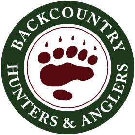 Backcountry Hunters and Anglers Association logo featuring text in a dark green circle around a bear-like paw print